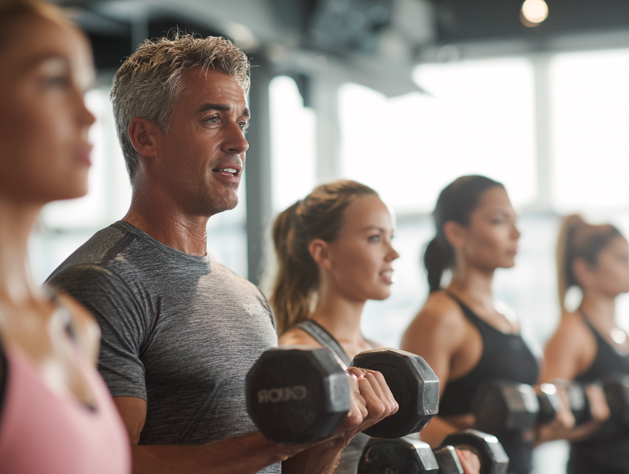 Група людей різного віку виконує силові вправи з досвідченим тренером